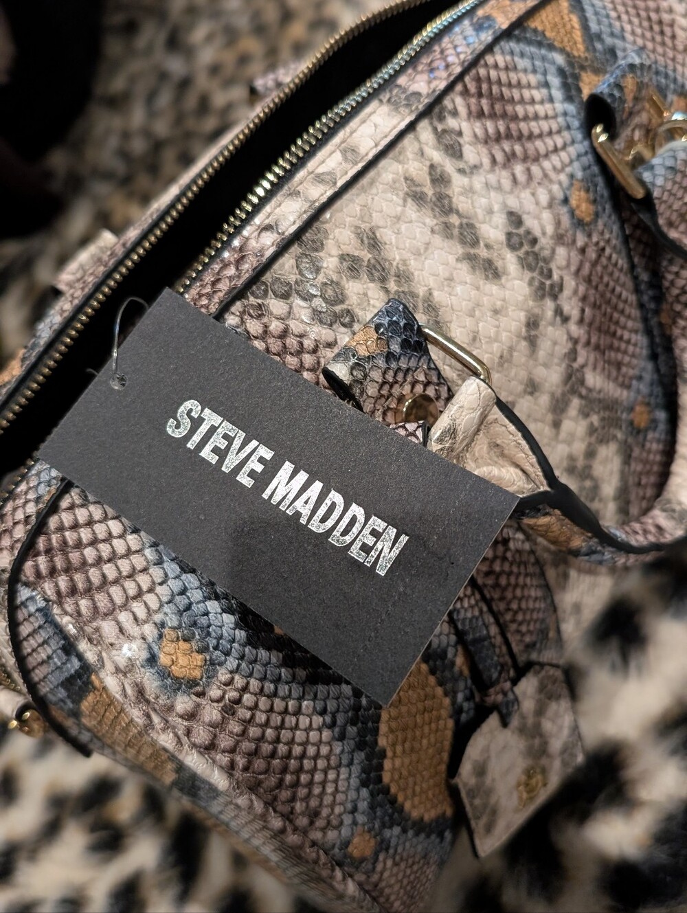 Snake-Print Satchel Bag in Beige & Blue with Tassel - Steve Madden - Picture 6 of 6